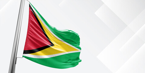 Guyana national flag cloth fabric waving on beautiful White Square Background.