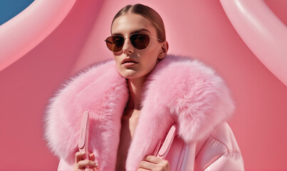 A woman in a pink fur coat and sunglasses poses against a pink background