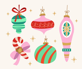 Happy Holidays Elements Set. Retro Christmas Decoration. Vector Illustration.	