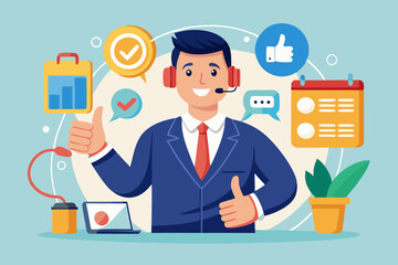 Telephone call expert to generate lead or sales, success telemarketing tell promotion to prospect or client concept, businessman sale representative agent talk in phone call with thumb up feedback.
