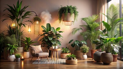 Moody morning misty atmosphere urban jungle apartment interior with lush greenery plants overflowing from rattan planters against pastel pink walls with soft golden light pouring in