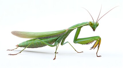  Praying mantis insect on a pure white background -. A vibrant green praying mantis posed against a cl