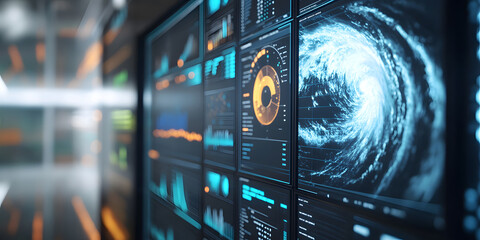 climate change effect, hurricane and moderan weather forecast monitor	