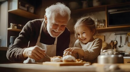 Real world senior life photo of a grandparent baking with his grandchild