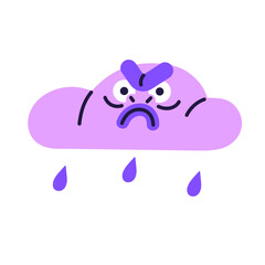 Angry dark cloud with drops of rain. Upset comic character with annoyed facial expression, sad emotions cry. Bad mood, rainy weather sticker. Flat isolated vector illustration on white background