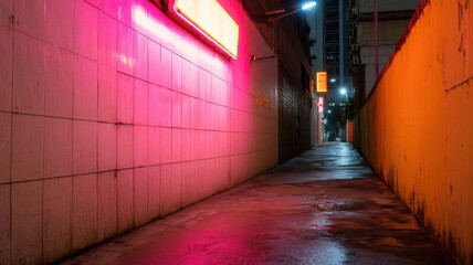 Fototapeta premium Radiant neon sign illuminating a dark alleyway, vibrant colors reflecting off wet pavement, city nightlife vibe, glowing ambiance, urban exploration