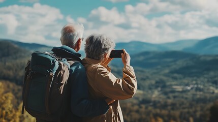 Real world senior life. An elderly couple enjoys a scenic view while taking a photo together in a lush, mountainous landscape, capturing a moment of love and companionship.