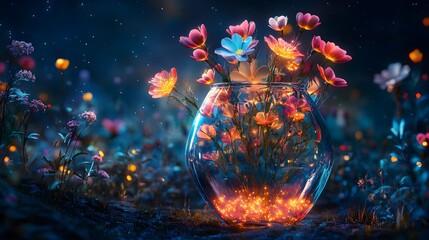 Futuristic bioluminescent vase glowing softly, filled with color-changing, genetically altered flowers, set against a dark, starry background
