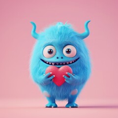 Naklejka premium Cute Blue Monster Holding Heart