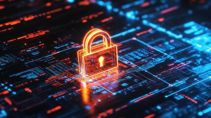 A glowing digital lock symbol on a futuristic circuit background, representing cybersecurity and data protection in technology.