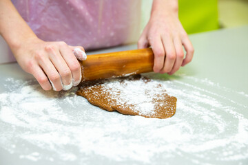 Close up photo of female hands and wooden board with a dough and baking pan with raw cookies.Cookie dough with christmas shapes on wooden board