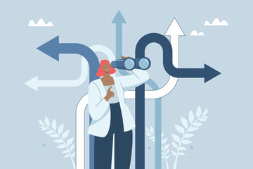 Obraz premium Finding the right path, Business opportunity or the right path to success, Decision making or choosing a business destination, Businesswoman using binoculars to find the right path. Vector design.