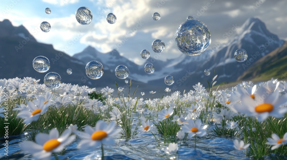 Poster abstract landscape featuring spring flowers and floating water bubbles in a visually captivating 3d 