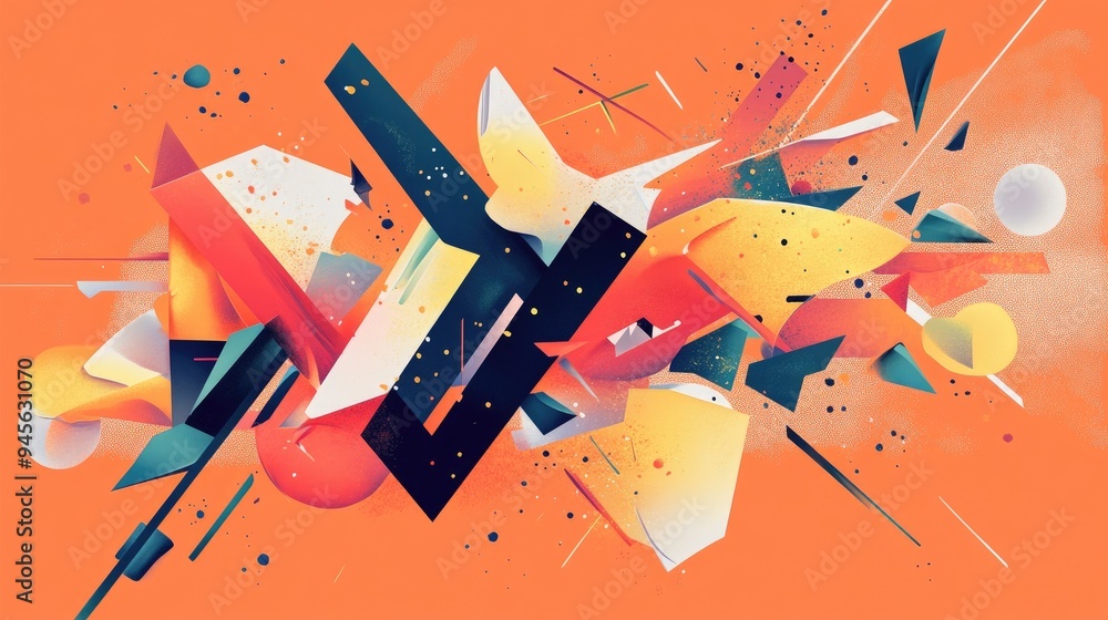 Poster abstract illustration featuring dynamic fragmented geometric shapes in an explosive arrangement