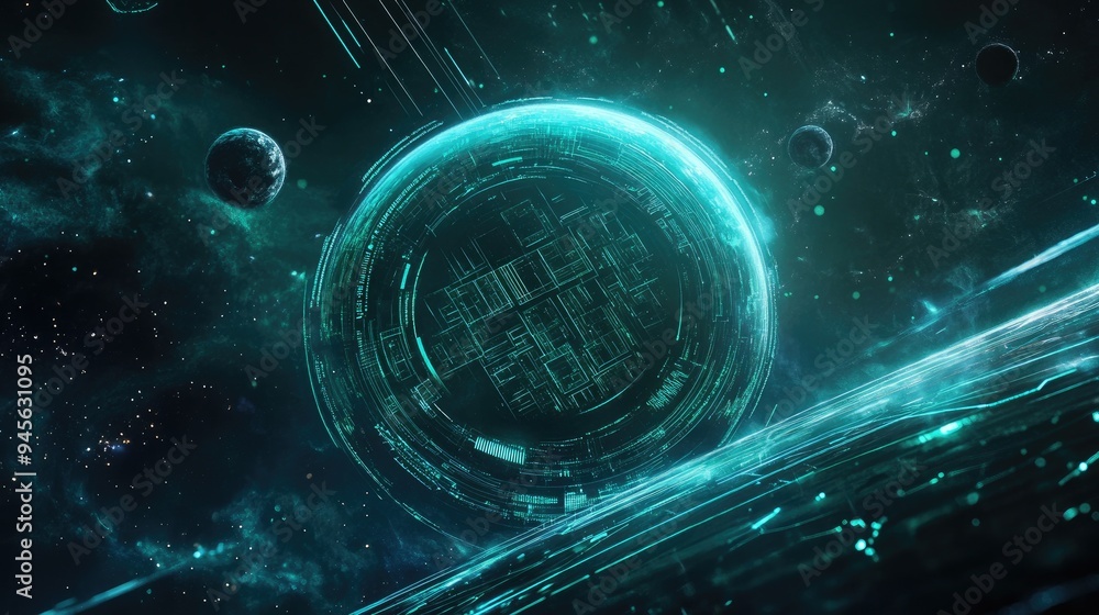 Poster cyan hud elements and a green planet on a dark background
