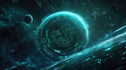 Obraz premium Cyan HUD elements and a green planet on a dark background