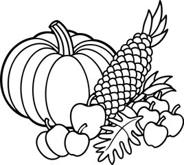 Kids can color a harvest cornucopia brimming with pumpkins and apples for Thanksgiving
