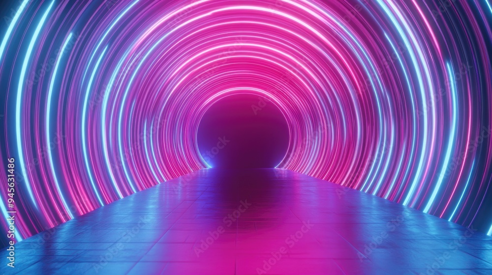 Poster 3d rendering of an abstract neon background in pink and blue featuring a rounded frame that emits a 