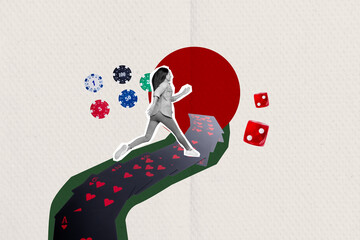 Composite photo collage of happy brunette girl run cards combination casino bet gambling game...