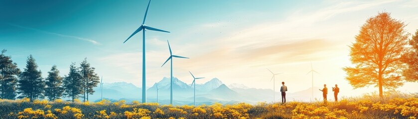 Fototapeta premium Renewable Energy Wind Turbines in Scenic Countryside with People and Yellow Flowers at Sunset