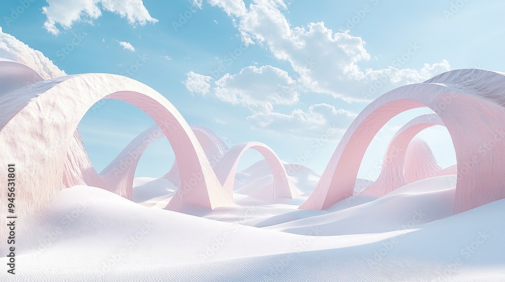 Poster 3d surreal pastel landscape featuring geometric shapes and abstract desert dunes panoramic view with