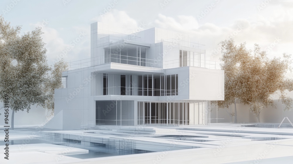 Poster 3d rendering of a white building under construction abstract architectural design background