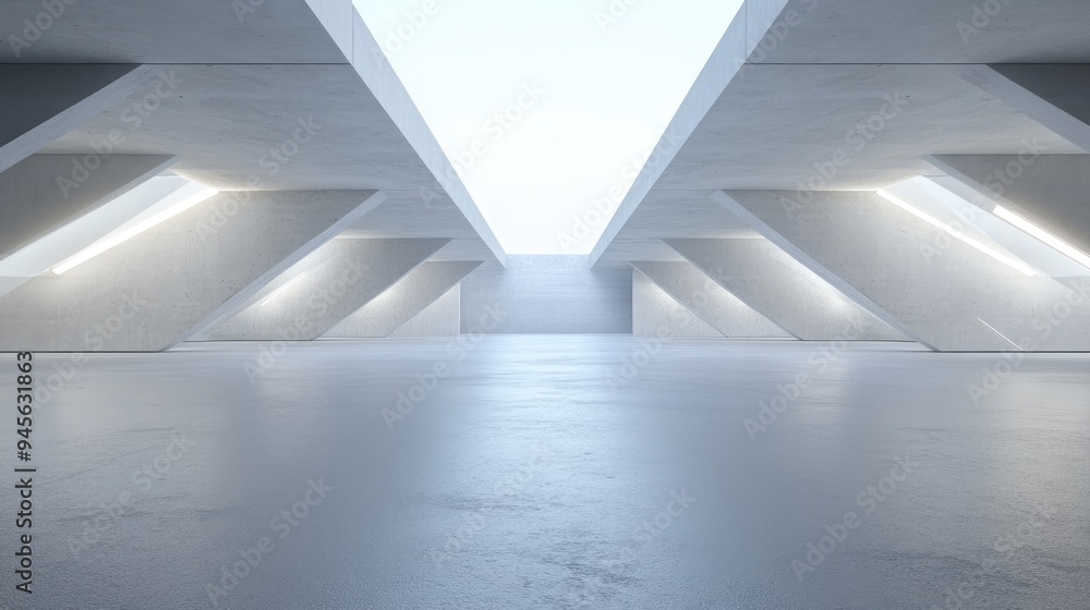 Poster 3d rendering of an abstract futuristic architectural design featuring a vast empty concrete floor su