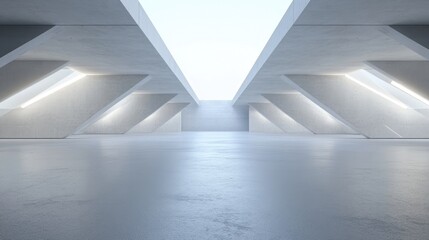 Fototapeta premium 3D rendering of an abstract futuristic architectural design featuring a vast empty concrete floor suitable for automotive showcases