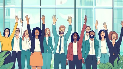 Fototapeta premium In the office of a company, many people from different ethnicities stand together and reach out to each other with their hands in celebration, with large windows overlooking buildings, doodle style