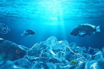 Fototapeta premium Fish swimming underwater with pile of plastic bottle, Pollution concept.