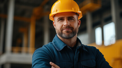 Portrait of a confident construction worker wearing a yellow hard hat, representing construction, safety, and skilled labor.
