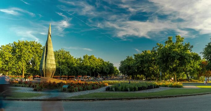 Budapest, Hungary: July 05, 2024: Margit - sziget, Centenary monument. Time-lapse, zoom-in transition.