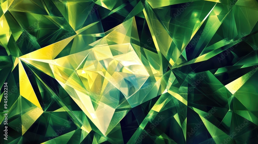 Poster dark green and yellow polygonal illustration featuring triangular shapes with a gemstone in the cent