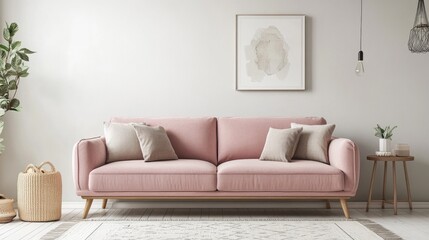 Cozy living room featuring a sofa in a soft color palette with Scandinavian interior design style 3D visualization
