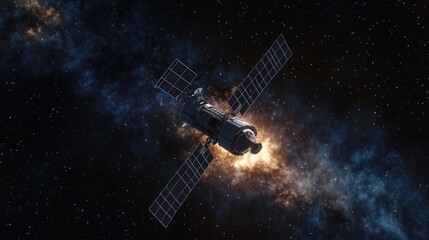 Computer generated illustration depicting a satellite in orbit around a celestial body