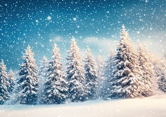 Snowy pine trees in a winter landscape with falling snowflakes and a blue sky Generative AI
