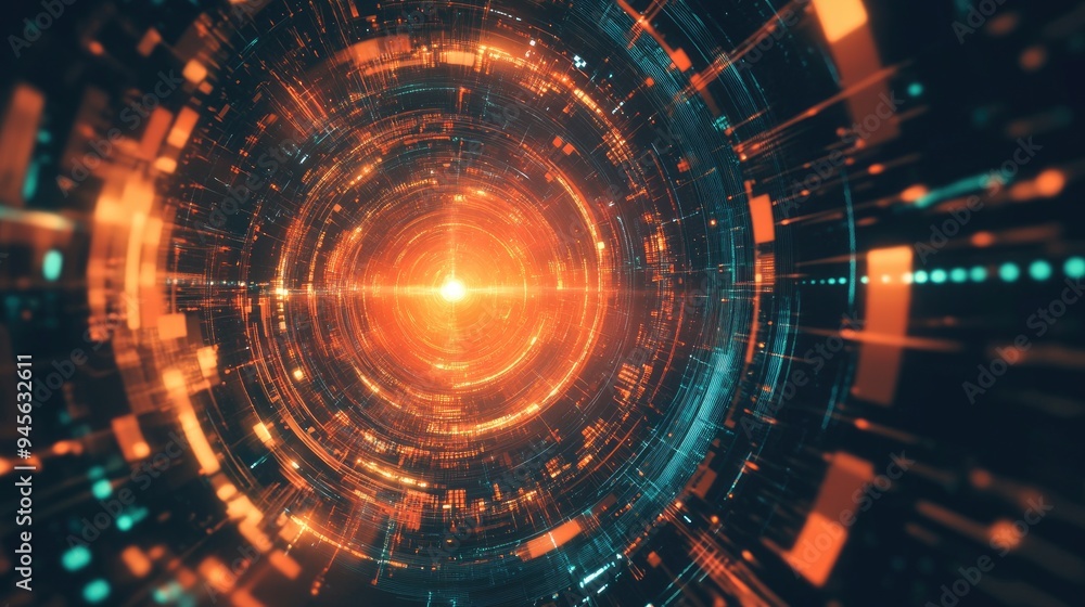 Poster abstract background featuring a high tech circular design with a complex plexus network