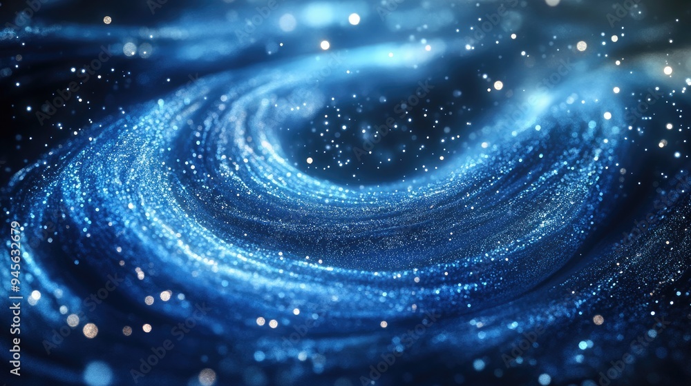 Poster abstract background featuring blue magical glitters that create elegant swirls while sparkles drift 