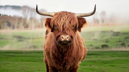 scottish highland cow with horns moving - Powered by Adobe
