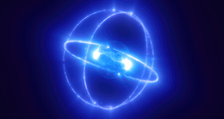 A glowing blue sphere surrounded by vibrant, swirling particles and energy waves, set against a deep, starry futuristic technology space and energy concepts backdrop