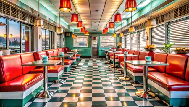 nostalgic retro diner interior with cartoonish popsicle-colored booths and bold cursive font menus on shiny chrome surfaces
