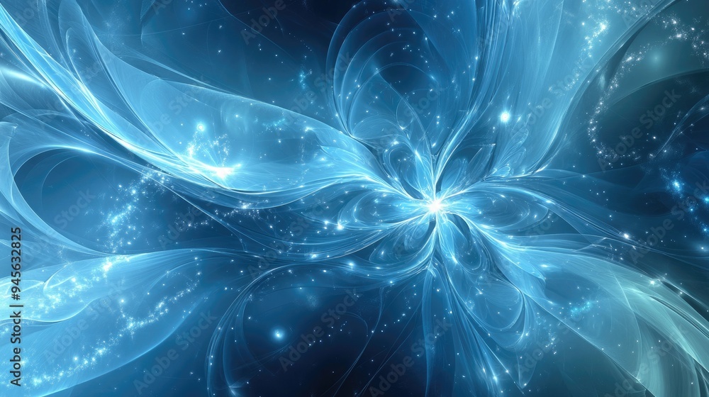 Poster abstract blue background featuring a fractal star explosion with glossy elements and dynamic lines