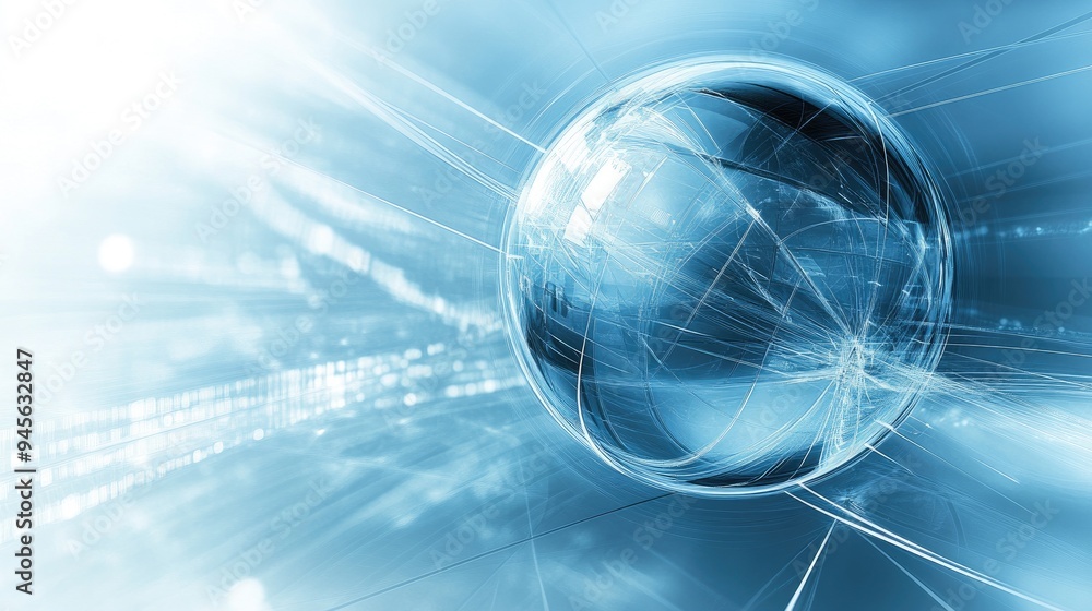 Poster abstract blue background featuring a large sphere with intersecting horizontal and vertical lines