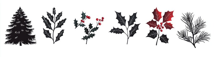 Festive Winter Foliage and Berries Illustration Featuring Holly and Poinsettia Generative AI