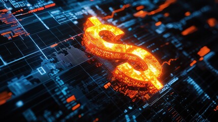A vibrant digital dollar symbol glowing against a futuristic background representing finance and technology.