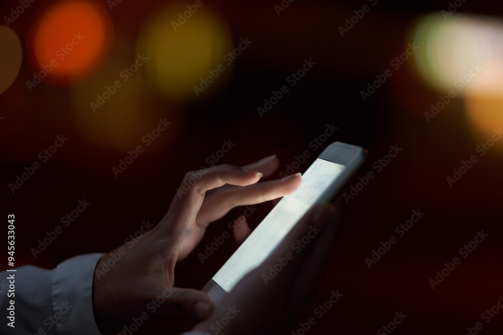 Poster phone, hand and person scroll closeup for information, research and networking at night on deadline.