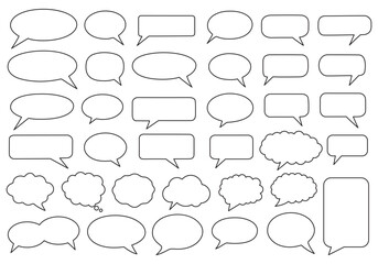 Obraz premium Collection outline speech bubbles in various shapes, including round, rectangular, and cloud designs. For comics, graphic design, creative projects needing text placeholders. Vector illustration
