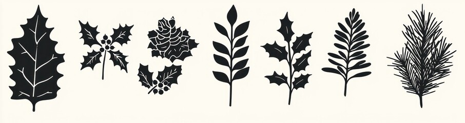 Monochrome Botanical Illustration of Various Leaves and Foliage Designs Generative AI