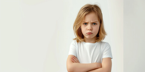Angry Little Girl with Arms Crossed in White T-Shirt Against White Background