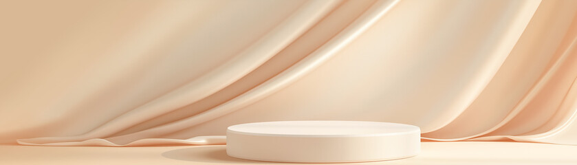 Empty soft pastel  low round product display podium against beige fabric and wall 